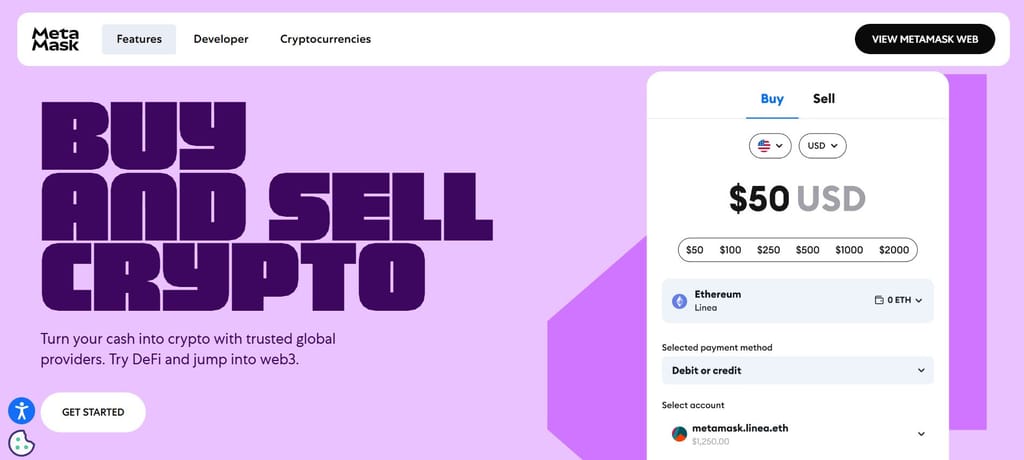 Best mobile crypto wallet: the MetaMask interface, primarily focused on the crypto buying and selling functionalities.