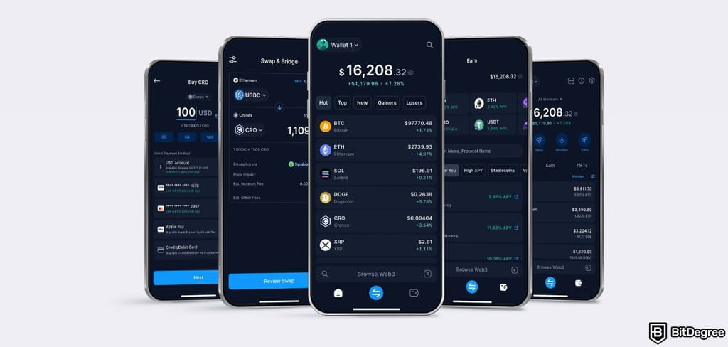 Best mobile crypto wallet: Five smartphone screens, each displaying the interface of the Crypto.com Onchain mobile wallet app.