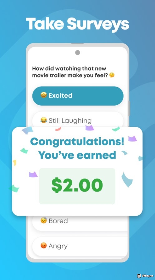 Best money making apps: the Swagbucks mobile app screen with a survey question about a movie trailer and $2 earned.