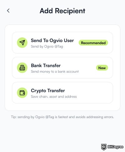 Best money transfer app: available ways to add a recipient on Ogvio.