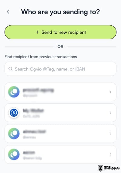 Best money transfer app: adding a new recipient on Ogvio.