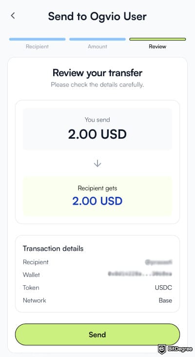 Best money transfer app: reviewing the transfer to another Ogvio user.