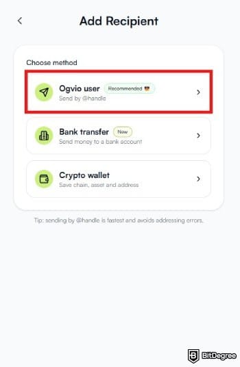 Best money transfer to India: Ogvio's available transfer methods with the Ogvio user option highlighted. Best money transfer to India: Ogvio's available transfer methods with the Ogvio user option highlighted.