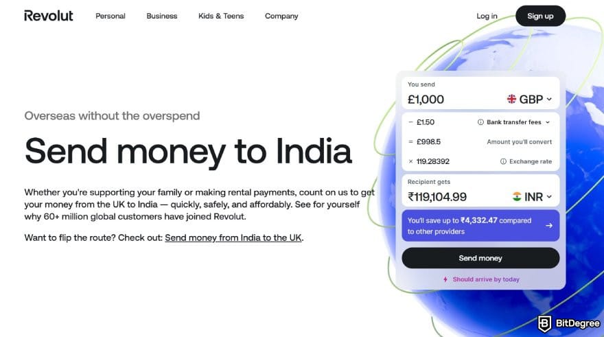 Best money transfer to India: the send money to India page on Revolut.