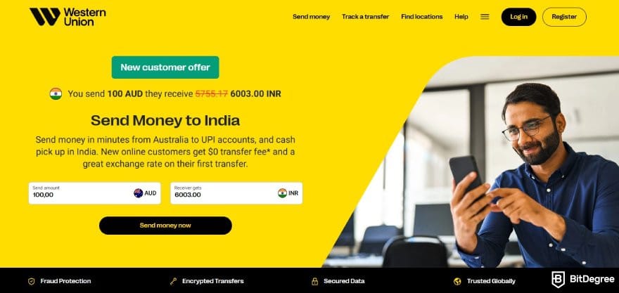 Best money transfer to India: the calculator page for sending money from Australia to India on Western Union's website.