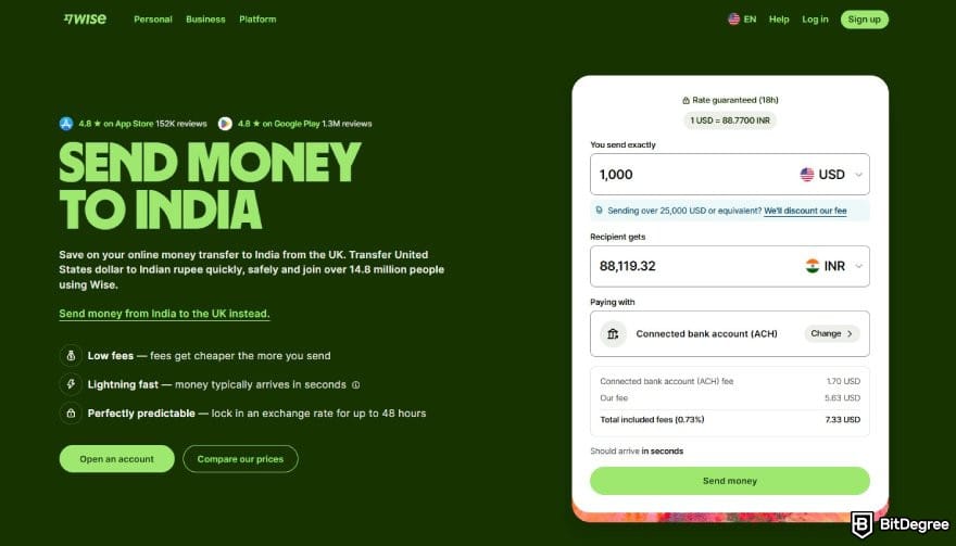 Best money transfer to India: the calculator page for sending money from the US to India on Wise's website.