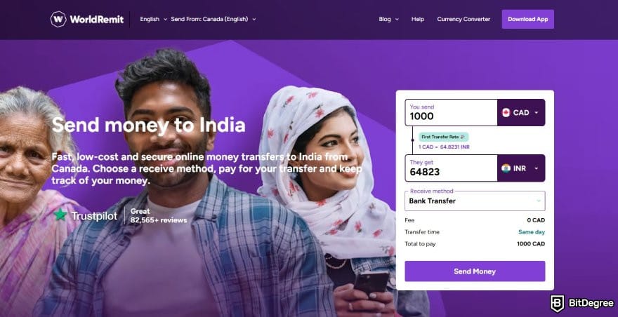 Best money transfer to India: the send money to India page on WorldRemit.
