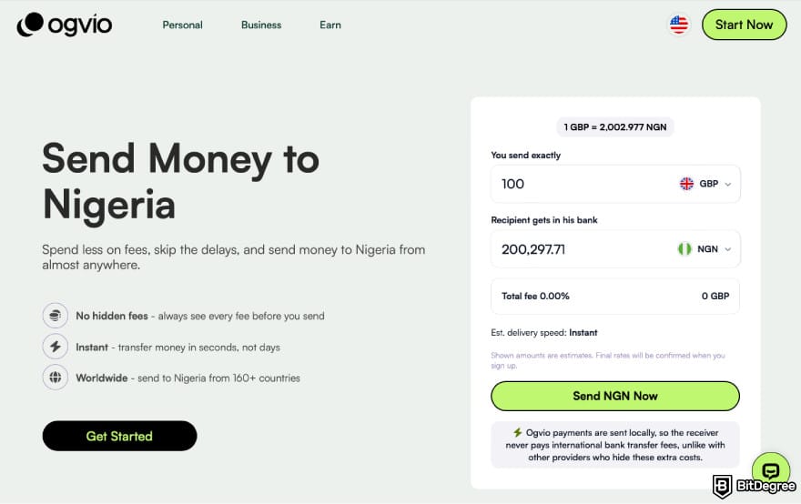 Best money transfer to Nigeria from UK: a screenshot of Ogvio fees.