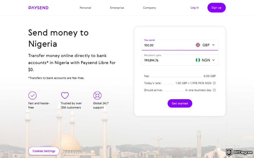 Best money transfer to Nigeria from UK: a screenshot of Paysend fees.