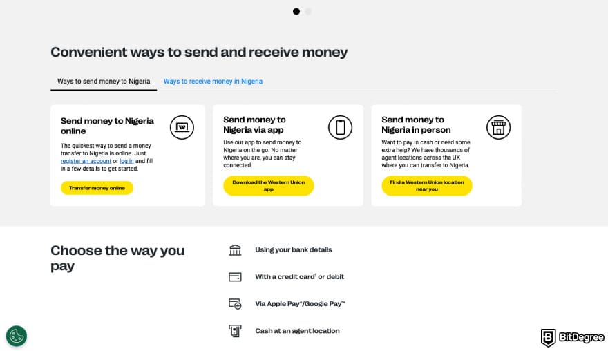 Best money transfer to Nigeria from UK: a screenshot of Western Union features.