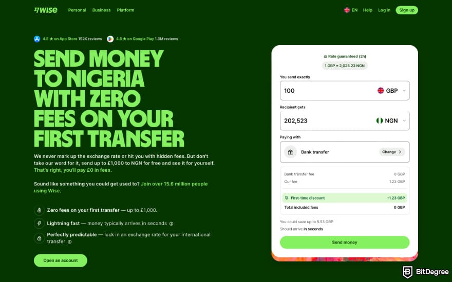 Best money transfer to Nigeria from UK: a screenshot of Wise fees.