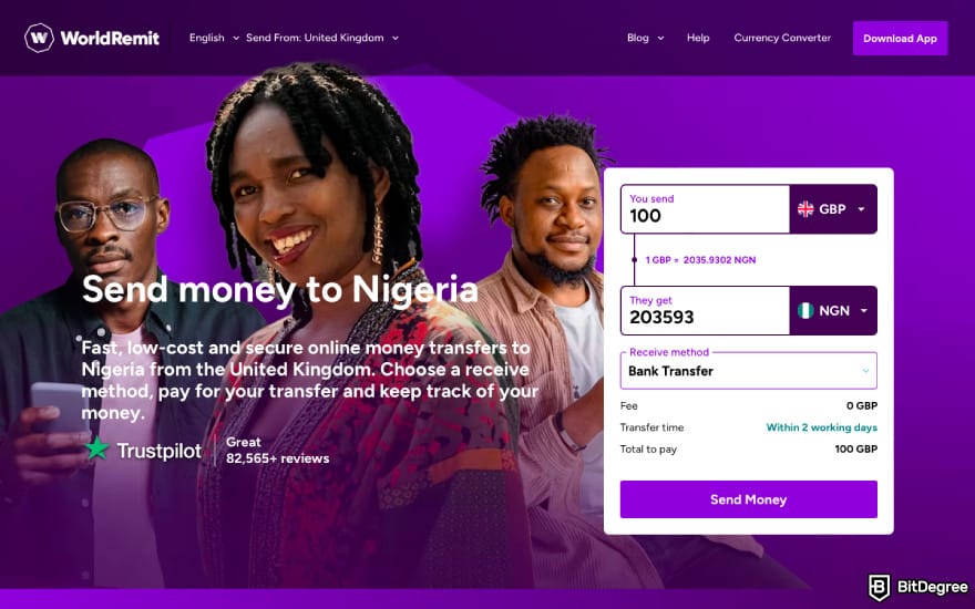 Best money transfer to Nigeria from UK: a screenshot of WorldRemit fees.