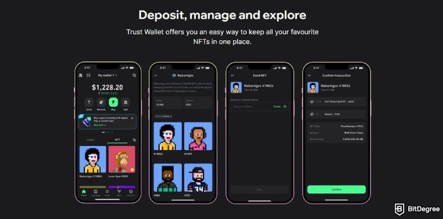 Best NFT wallet: description of Trust Wallet's NFT management feature.