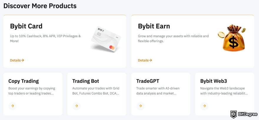 Best no-KYC crypto exchange: Bybit's main feature list.