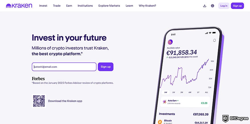 Best no-KYC crypto exchange: Kraken homepage.