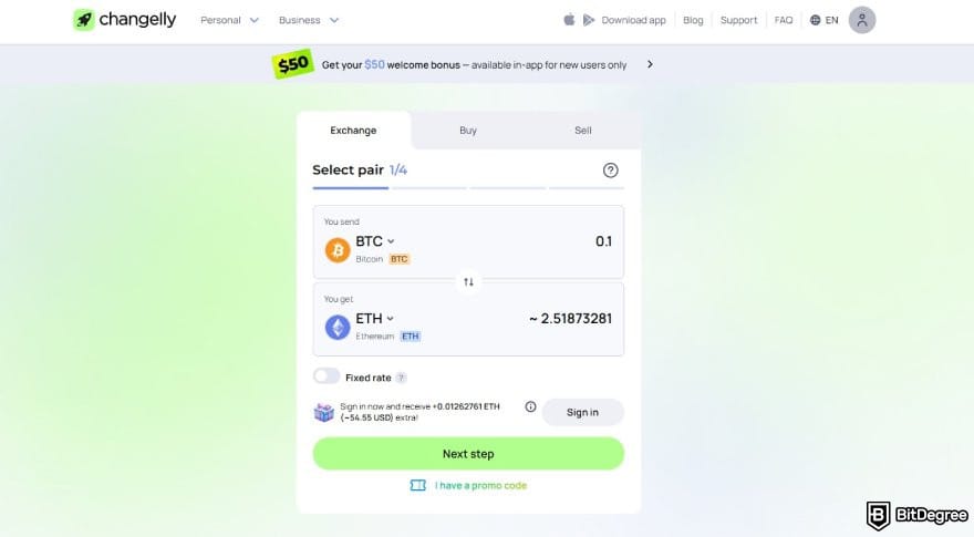 Best no-KYC exchange: Changelly homepage.