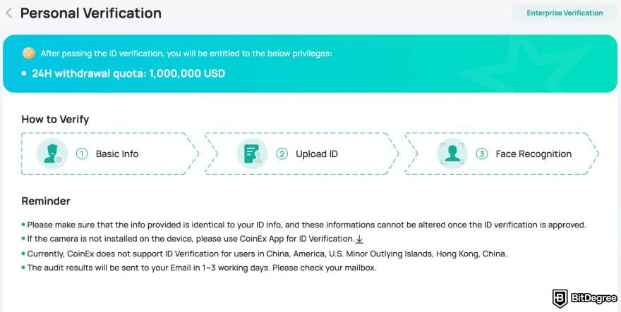 Best no-KYC exchange: the ID verification on CoinEx.