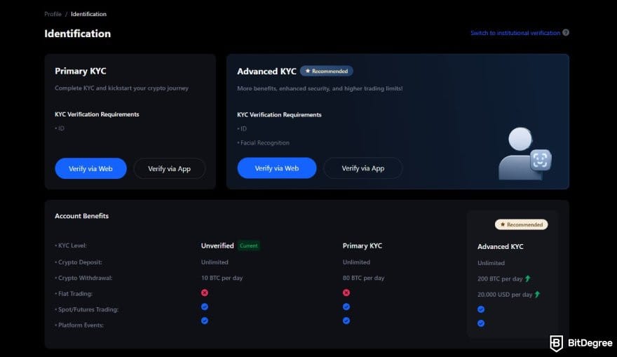 Best no-KYC exchange: the identification page on MEXC.