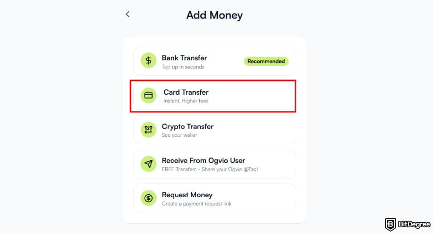 Best online bank: performing a card transfer with Ogvio.