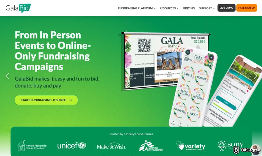 Best online raffle site: a screenshot of GalaBid homepage.