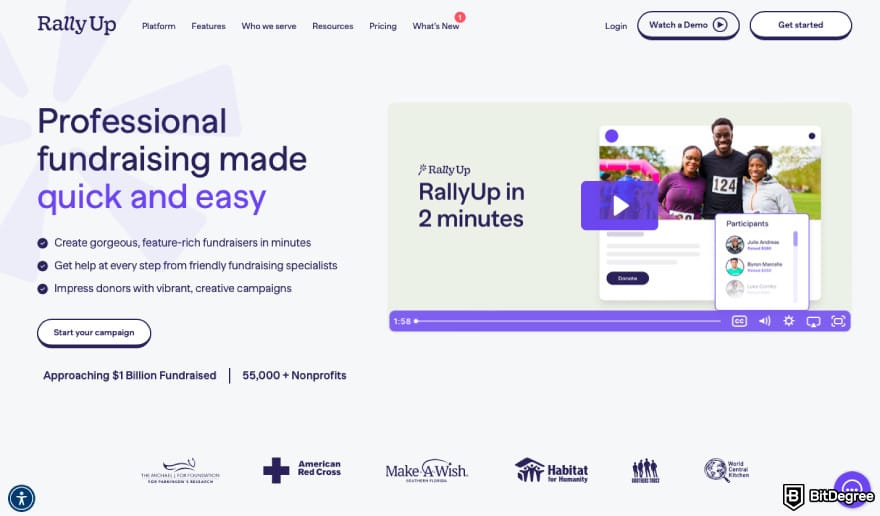 Best online raffle site: a screenshot of RallyUp homepage.