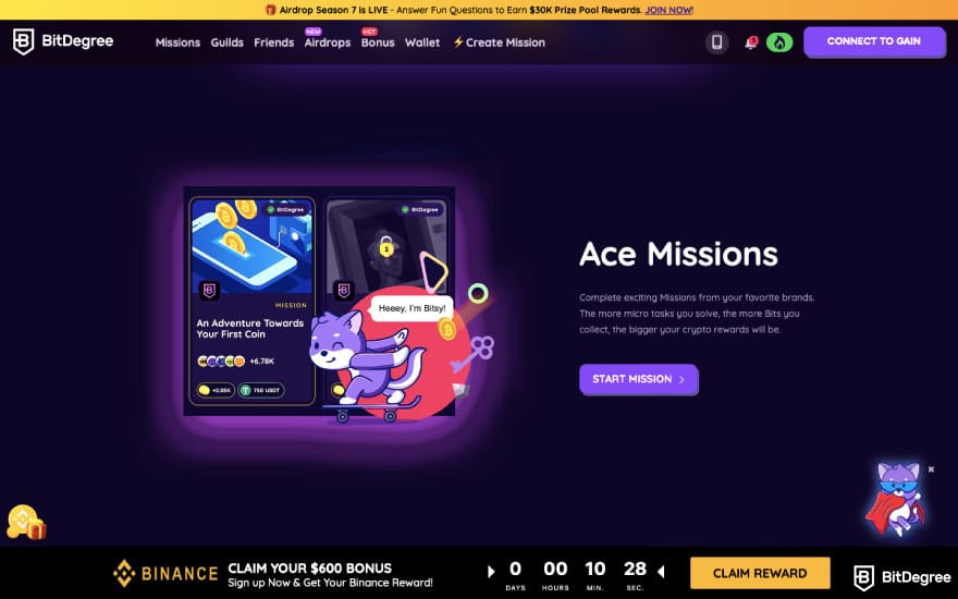 Best online raffle sites: a screenshot of the BitDegree homepage.