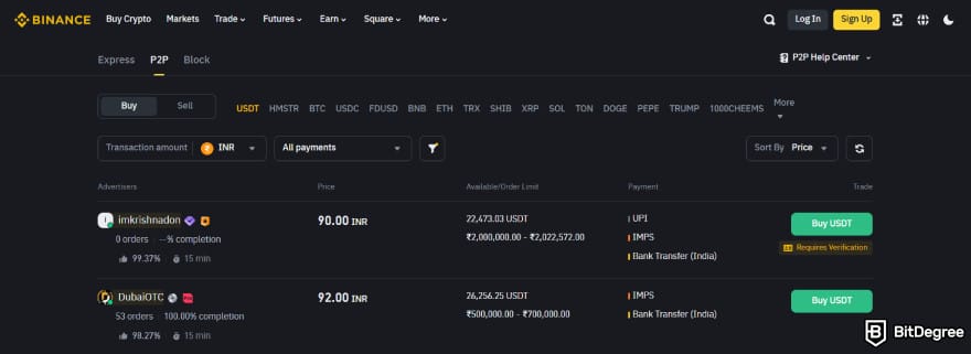 Best P2P crypto exchange: Binance P2P interface.