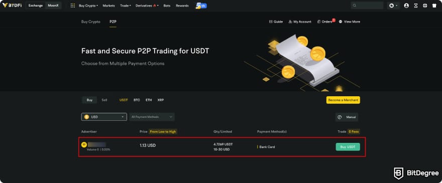 Best P2P crypto exchange: selecting a trade ad on BYDFi's P2P.