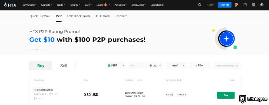 Best P2P crypto exchange: HTX P2P interface.