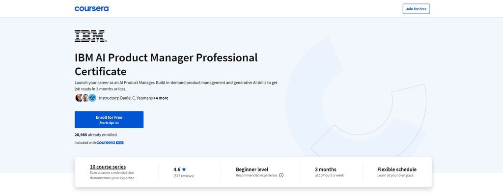 Best product management courses: the IBM AI Product Manager Professional Certificate page.