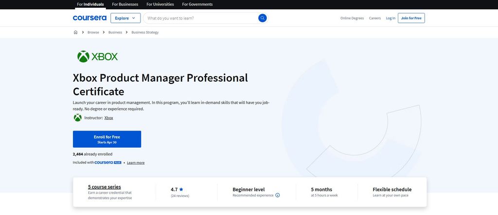 Best product management course: Xbox Product Manager Professional Certificate page.