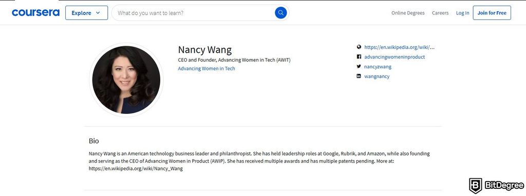 Best product management courses: the profile of Nancy Wang on Coursera.