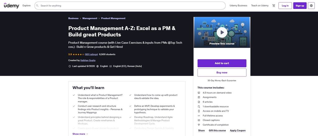 Best product management courses: the Product Management A-Z course on Udemy.