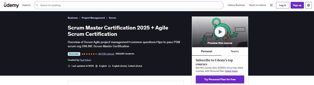 Best product management courses: the Scrum Master Certification page on Udemy.