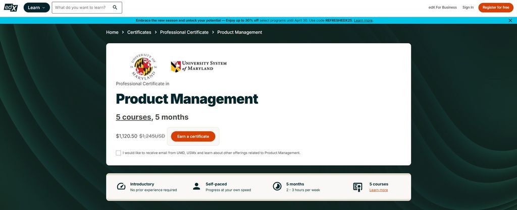 Best product management courses: the product management course page on Coursera by University of Maryland.
