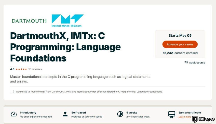 Best programming courses for beginners: the page for C Programming: Language Foundations course in edX.