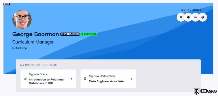 Best programming courses for beginners: the page for George Boorman, an instructor for Datacamp's courses.