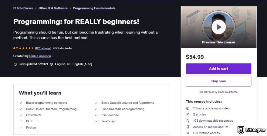 Best programming courses for beginners: the Programming: for REALLY beginners course page on Udemy.