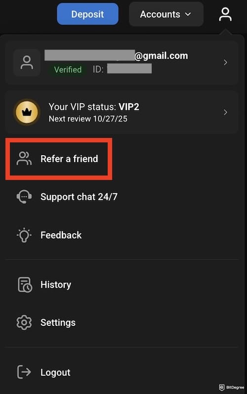 Best referral programs: the [Refer a friend] menu on PrimeXBT's website highlighted.