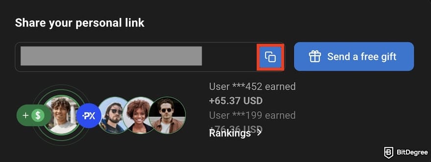 Best referral programs: a screenshot of the PrimeXBT referral page with the clipboard button highlighted for copying a referral link.