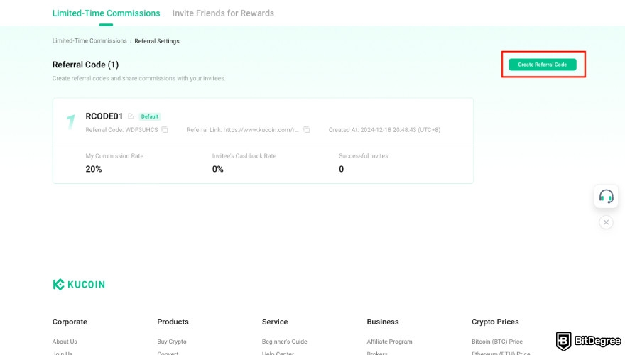 Best referral programs: click Create Referral Code on KuCoin.