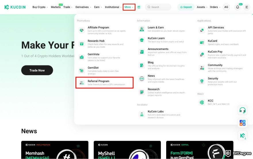 Best referral programs: click Referral Program on KuCoin.