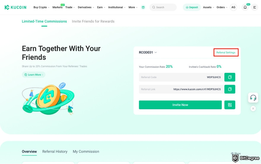 Best referral programs: click Referral Settings on KuCoin.