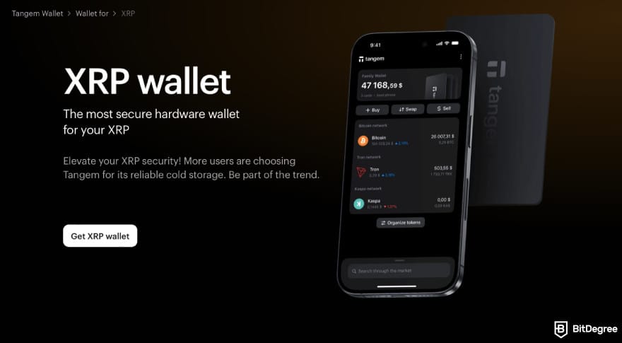 Best Ripple wallet: a screenshot of Tangem Wallet XRP features.