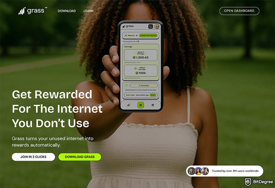 Best Solana airdrops: Grass homepage.