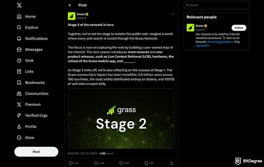 Best Solana airdrops: Grass post on X about Stage 2 of its airdrop.