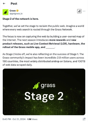 Best Solana airdrops: Grass post on X about Stage 2 of its airdrop.