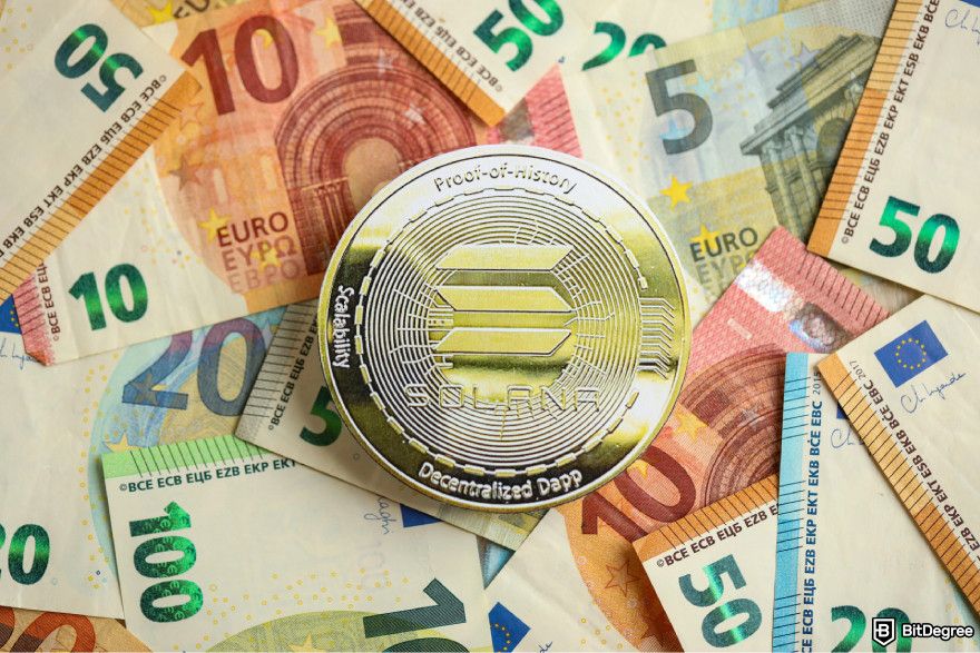 Best Solana meme coins: a Solana coin on the pile of Euro bills.