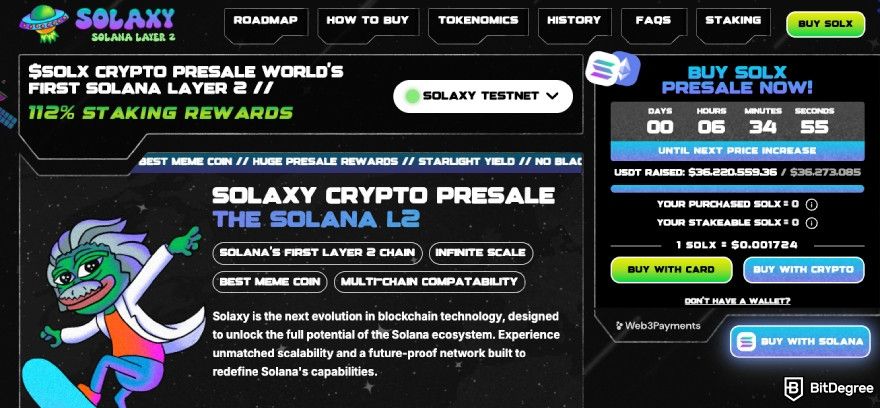 Best Solana presales: the Solaxy's presale website.