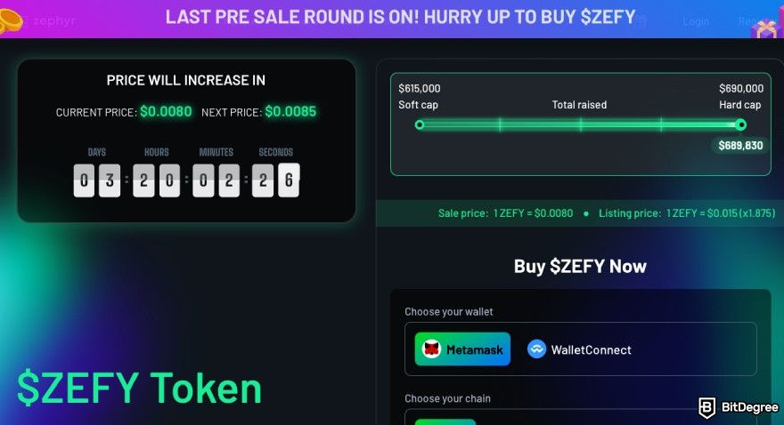 Best Solana presales: Zephyr's presale homepage.